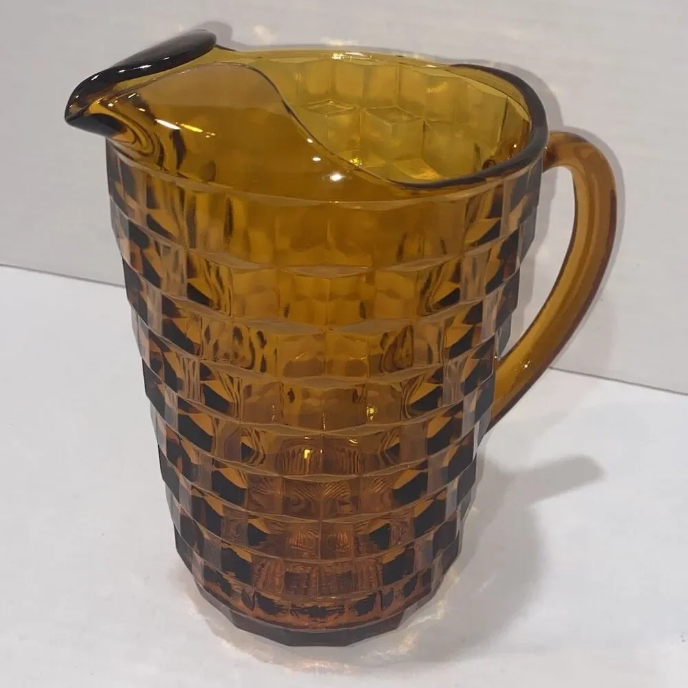 Indiana Glass Whitehall Amber Pitcher Cubist Pattern 8